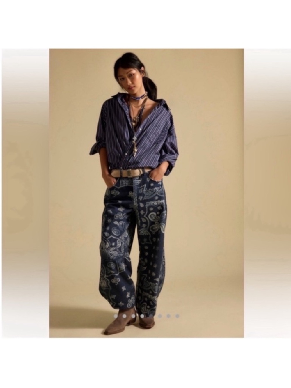 Free People NWOT Good Luck Printed Barrel Jeans Size 26 in Navy Bandana